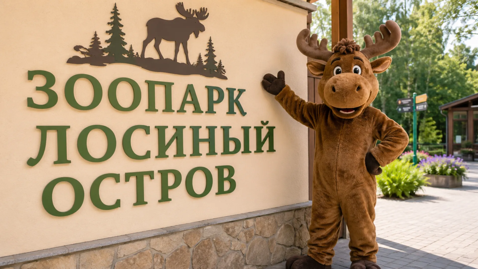 Вход в зоопарк Лосиный Остров с улыбающимся аниматором